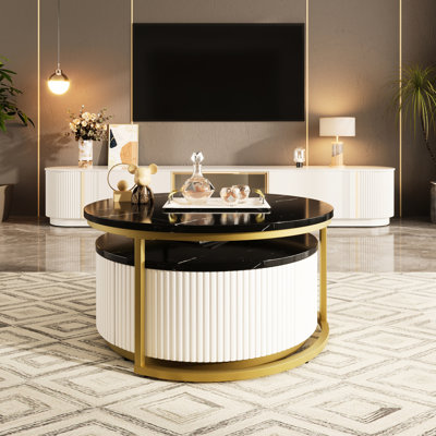 Modern Round Nesting Coffee Table Fluted With Drawer In Black & Gold In 31.5''