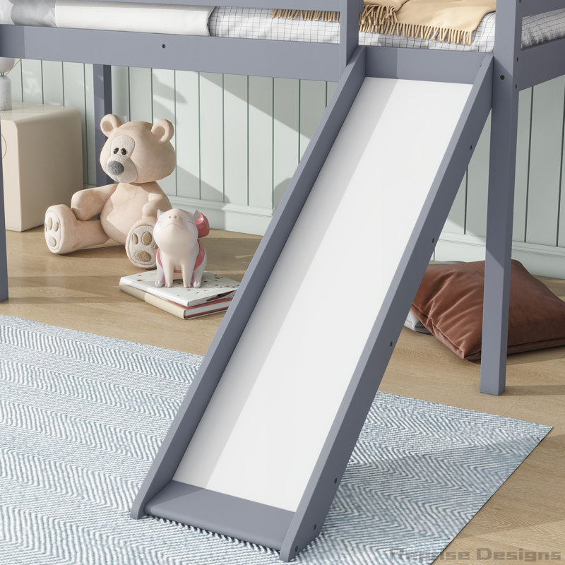Lit simple mezzanine bas avec glissière, échelle et garde-corps de sécurité, Gris