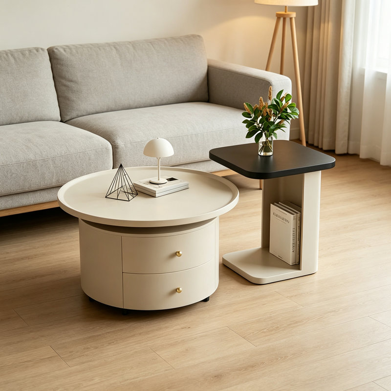 Roulettes mobiles de table basse de salon, 17.71" H x 27.55" W x 27.55" D, Cream