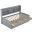 Lit simple en bois avec tablettes de rangement intégrées, 3 compartiments de rangement et gigogne en gris-1955730889