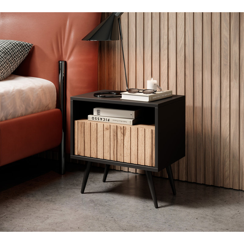 Hodgskin 47cm W Manufactured Wood Bedside Table, Black/Wotan Oak