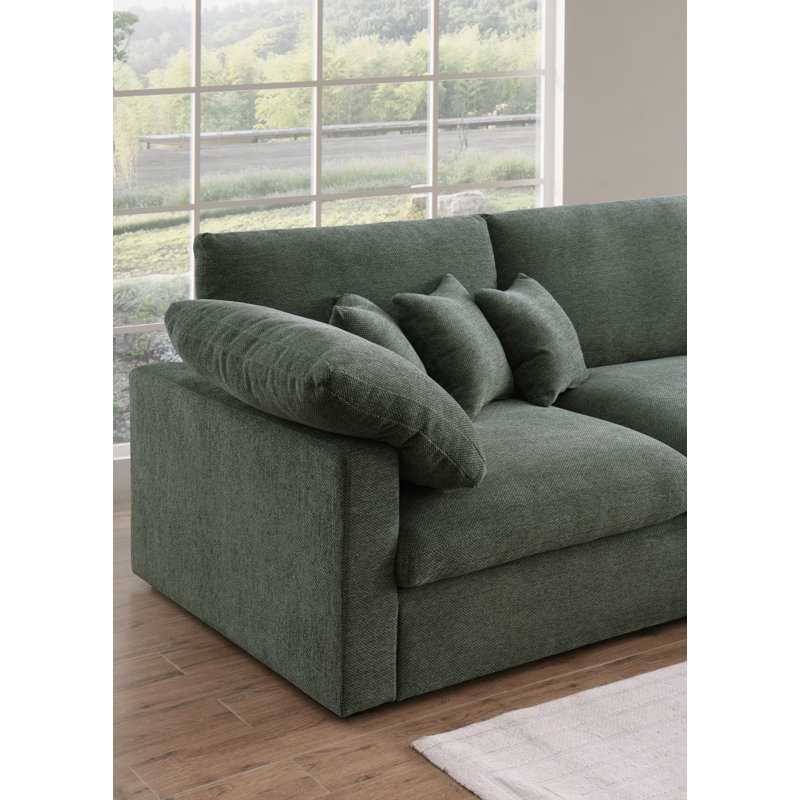 Canapé modulaire en L en chenille avec méridienne droite Vellora-121, Chenille verte