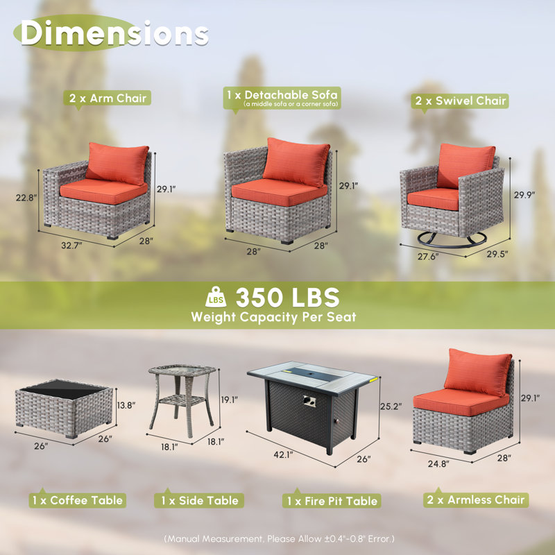 7 - Person Patio Furniture Set with Swivel Rocker, Outdoor Wicker Rattan Sectional Seating Group with Cushions, All Weather Sofa Conversation Set with Fire Pit Table for Garden Backyard
