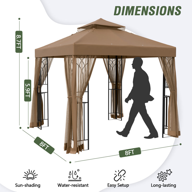 8 Ft. W x 8 Ft. D Steel Patio Soft Roof Gazebo With Netting, Brown