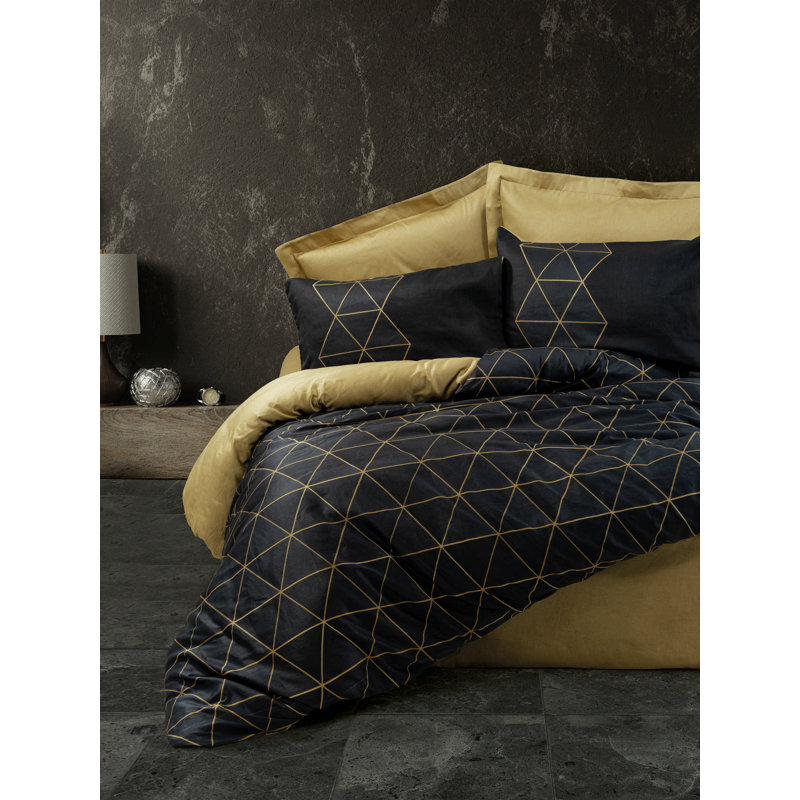 Quilt Cover Set, Black/Gold Geometric, Full Duvet Cover + 2 Standard Pillowcase