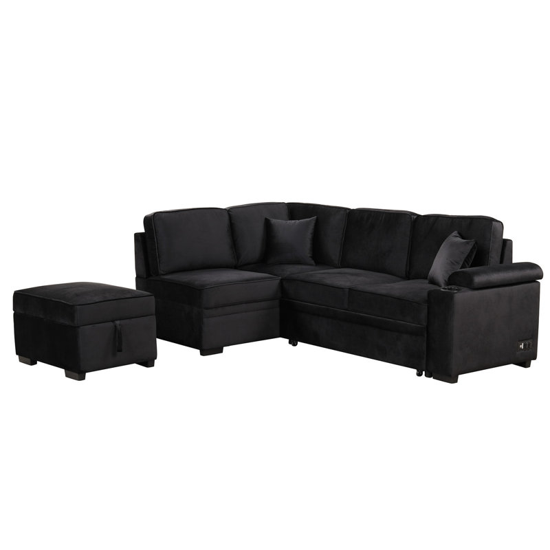 Canapé-lit 85,4 po 2 en 1 avec canapé en velours noir pour les espaces de vie. Fabrication en contreplaqué, rangement intérieur en mousse haute, pièces coulissantes. Structure, rembourrage luxueux