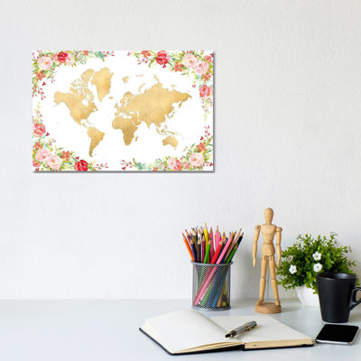 Floral Watercolor And Gold World Map by Blursbyai - Gallery-Wrapped Canvas Giclée on Canvas