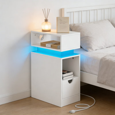 Floating Nightstand With LED Light Strip And Charging Station, Slim End Table With Drawer And Open Shelves For Bedroom Or Living Room