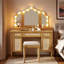 Meuble-lavabo de 44,37 po avec 13 ampoules Hollywood, 3 miroirs à trois modes d'éclairage, 3 grands tiroirs, 2 tiroirs de bureau, un rangement de table ouvert, 2 armoires, une station de charge et un tabouret-130385793