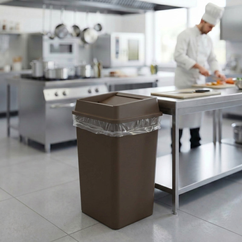 Poubelle carrée en plastique brun 50 gallons avec couvercle abattant et rebord renforcé, Brun