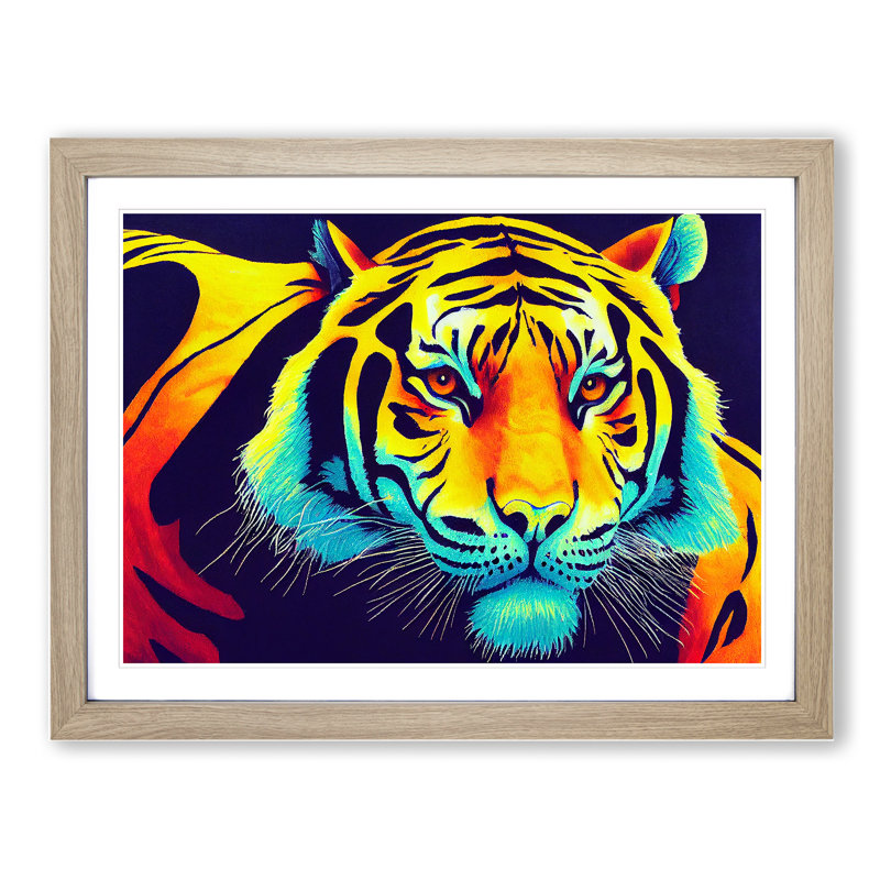 Colourful Tiger Art Abstract - Single Picture Frame Print, Oak Framed, 46cm H x 64cm W x 2cm D