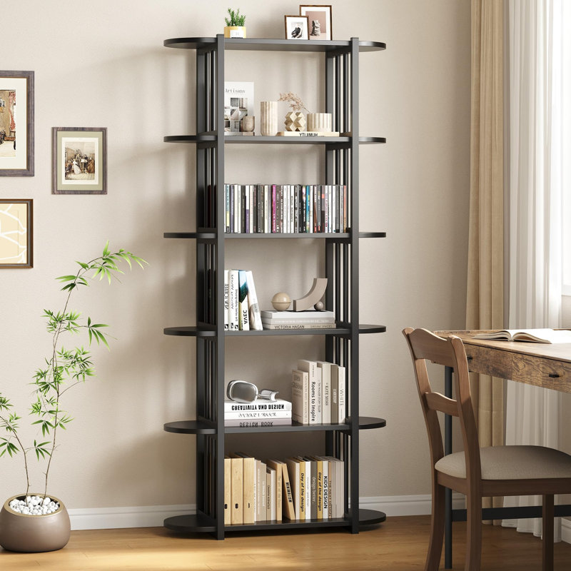 6-Tier Industrial Bookshelf, 71" Tall Wood and Metal Bookcase, Freestanding Open Storage Shelf for Home Office, Black