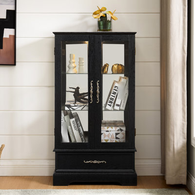 Vintage Retro Cabinet With Graceful Curved Legs And 15 - 22 Lb Shelf Capacity, Black, For Dining Room Showcase Lighted Display Case Mirrored Back 3 Shelves, Figurine