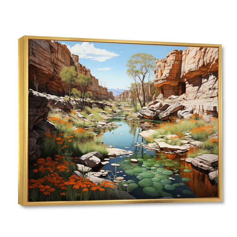 Profondeurs des canyons du canyon beige et vert - Imprimé, H 12 po x l 20 po x P 1 po, Cadre flottant doré