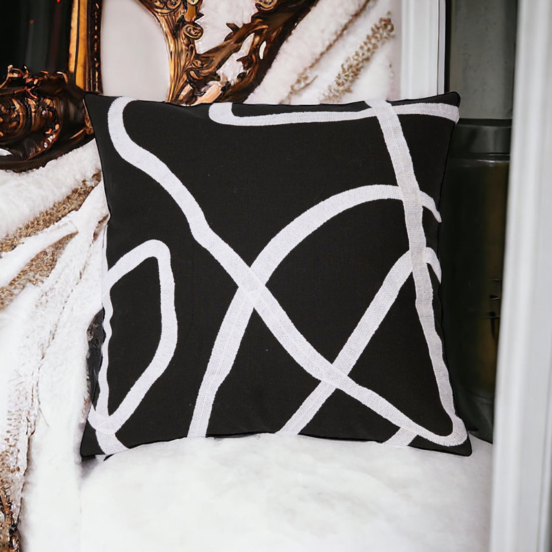 Housse de coussin réversible en coton brodé, Noir