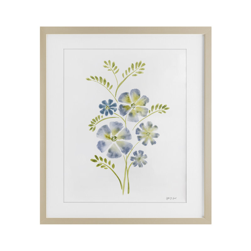 Fleur bleue pervenche, reproduction encadrée sous verre, design par Yvette St. Amant, H 16 po x l 13 po