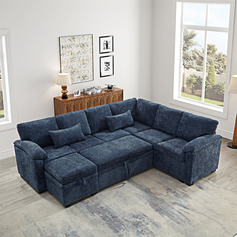 Canapé d'angle modulaire en L avec repose-pieds avec rangement, Bleu très foncé