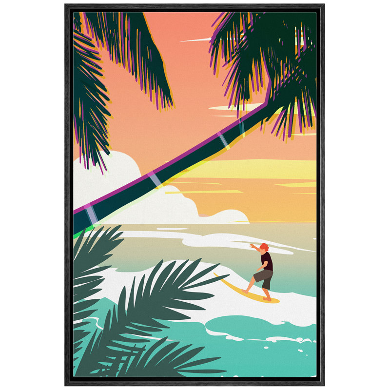 «Surfer Surfing On The Teal Sea Under Orange Sky», reproduction sur toile flottante, H 24 po x l 16 po x P 1,5 po, Cadre noir
