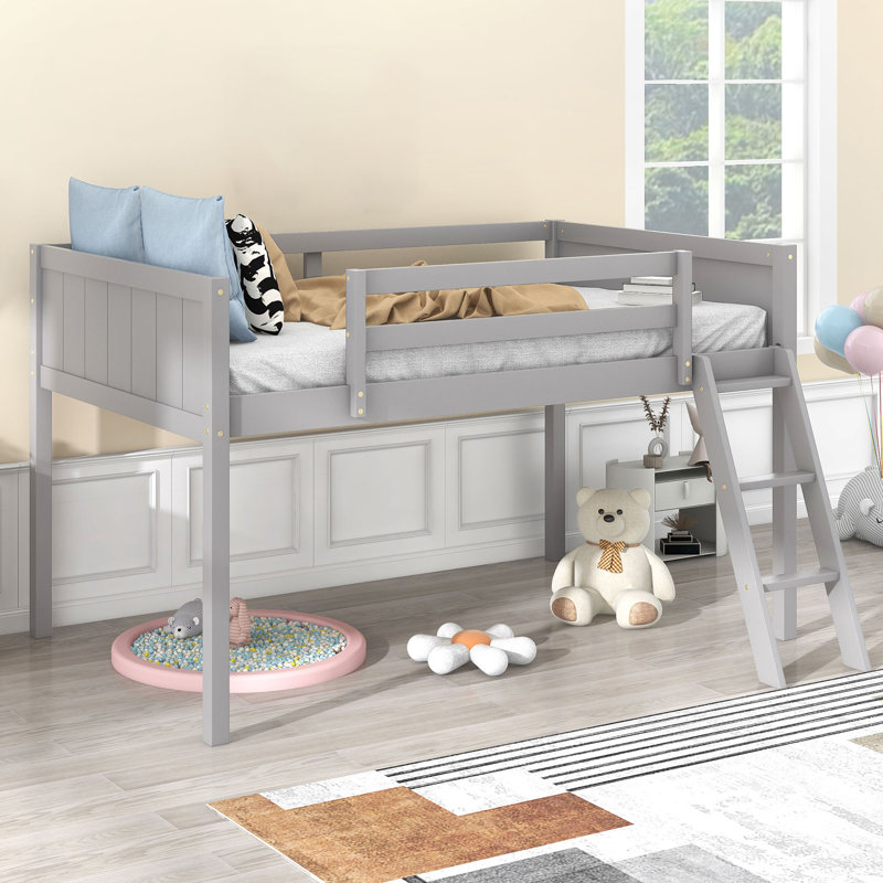 Wood Low Loft Bed With Ladder, Ladder Can Be Placed On The Left Or Right, Twin, Gray