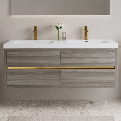 Meuble-lavabo mural avec double lavabo, armoire de rangement flottante, comptoir en résine de pierre et tiroirs à fermeture en douceur pour les salles de bain modernes