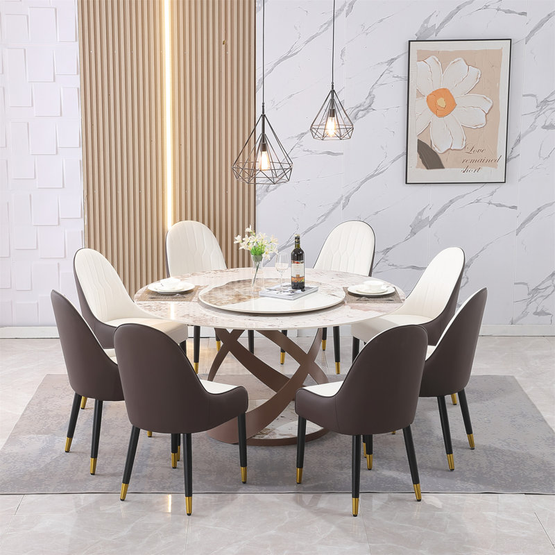 Table de salle à manger moderne en pierre frittée de 59,05 po avec plateau tournant rond de 31,5 po et piédestal exquis en métal avec chaises de 6 pièces.