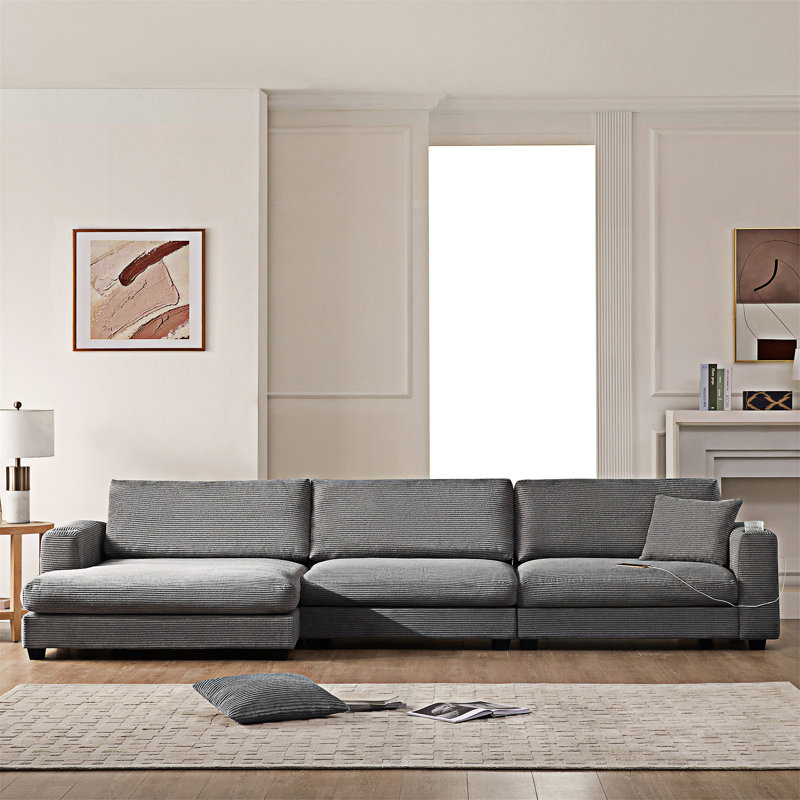 Canapé modulaire avec port de charge USB et porte-gobelet, Velours côtelé gris