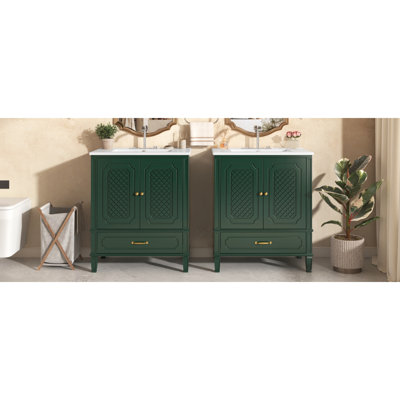 [Vidéo] Ensemble de meuble-lavabo 60 po avec lavabo double, 2 armoires avec organisateurs de porte, 2 tiroirs, vert (même numéro de pièce: N759S218644F)