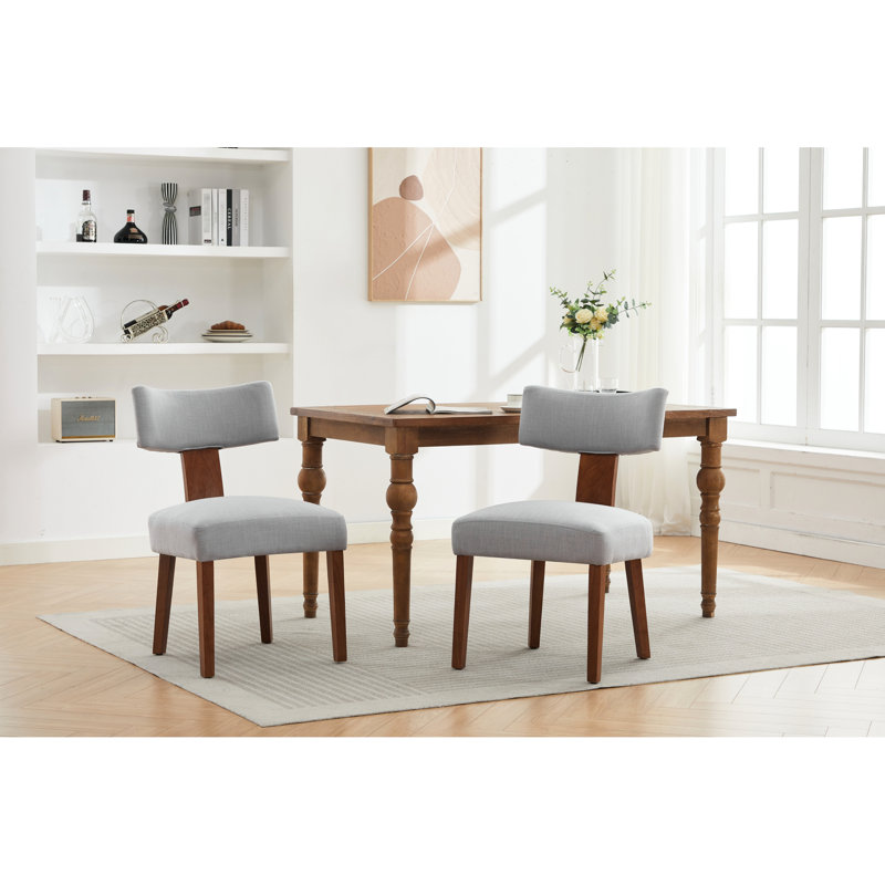 De 2 chaises de salle à manger sans accoudoirs modernes avec pieds en bois courbés et massifs pour le salon, tissu en lin gris, conception ergonomique, capacité de 250 lb, assemblage facile avec rembourrage en mousse à oreilles
