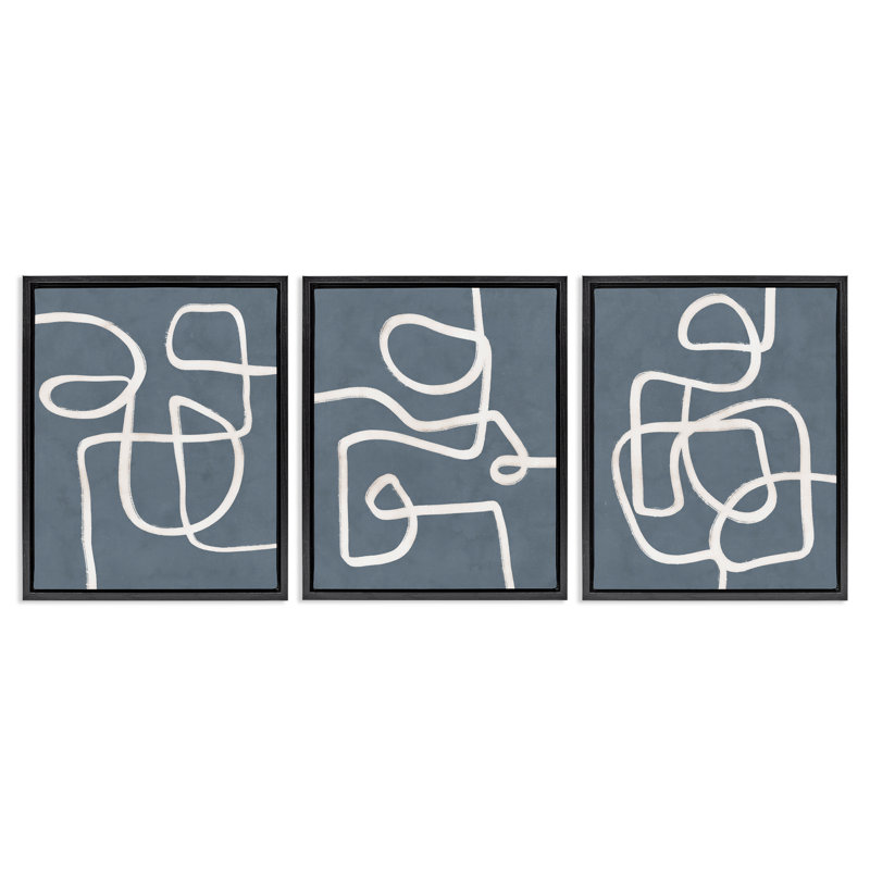  «Squiggles on Gray», ensemble de 3 toiles flottantes encadrées par Nina Blue, H 31 po x l 25 po, Cadre flottant noir de jais