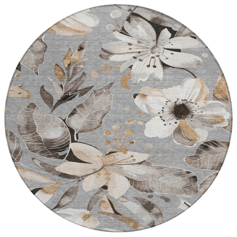 Machine Washable Indoor/Outdoor Millner ACN2260 Floral Rug, Round 8'