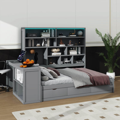 Lit de jour double en bois avec trois tiroirs, bureau intégré, tablettes et éclairage
