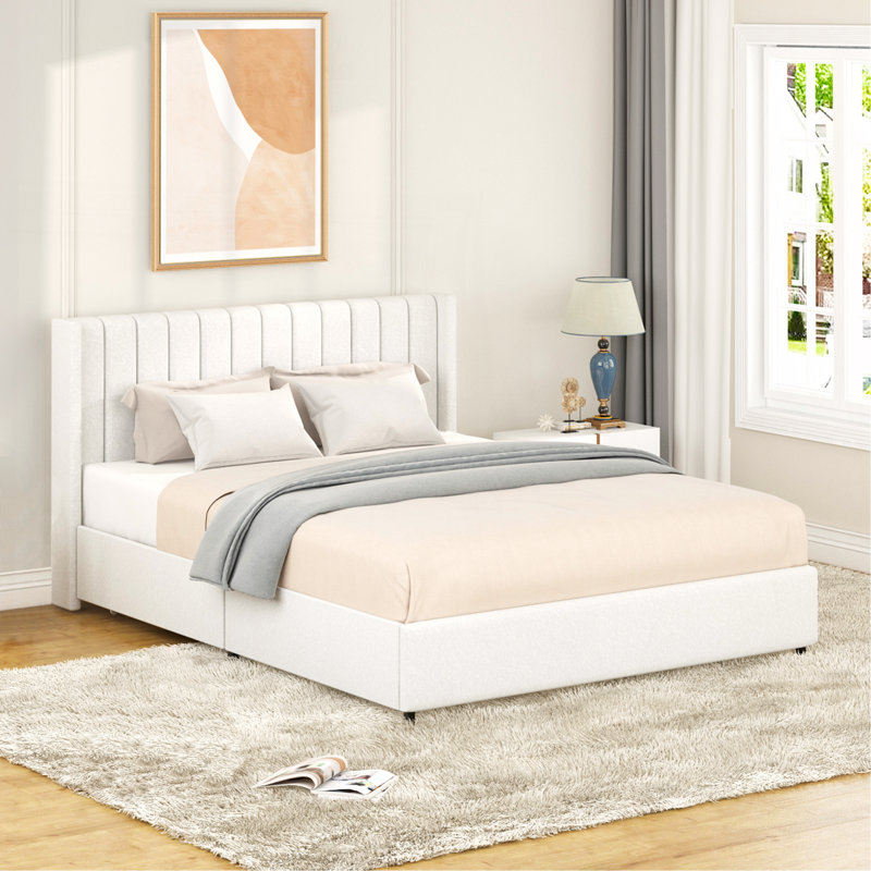 Queen Size Ivory Boucle Upholstered Platform Bed With Patented 4 Drawers Storage
