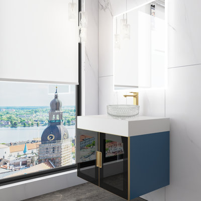 Meuble-lavabo mural moderne de luxe avec comptoir à surface solide de 36 po et lavabo vasque rond en verre