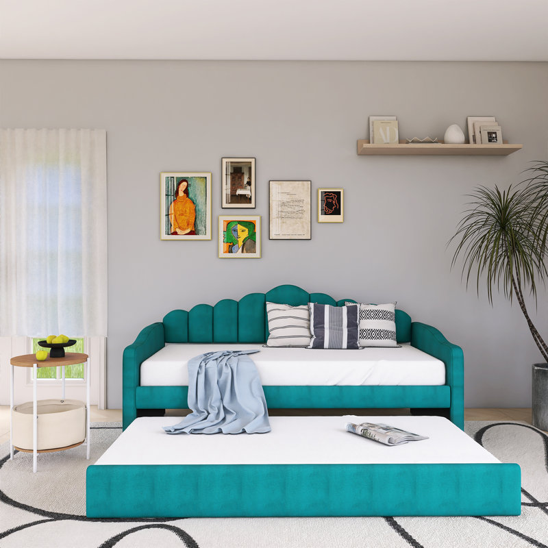 Twin Size Upholstered Daybed With Trundle ,Velvet Sofabed With USB Charging Ports, Green