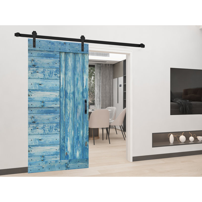 Worn Navy Solid Wood Sliding Barn Door Kit with Black Hardware