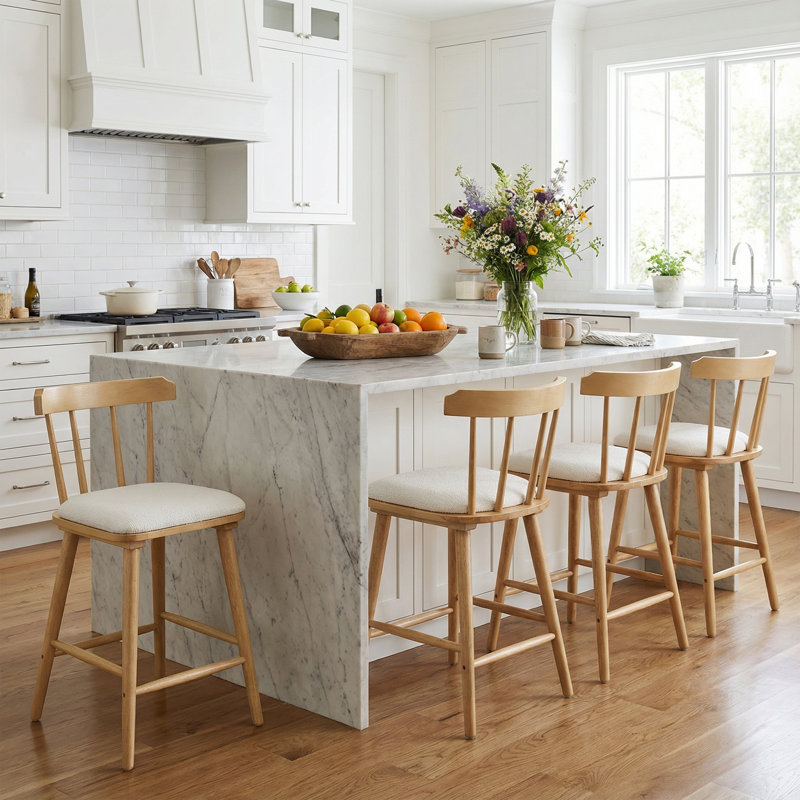 Eira Scandinavian Modern Wooden Upholstered Counter Stool with Ergonomic Seat, Natural
