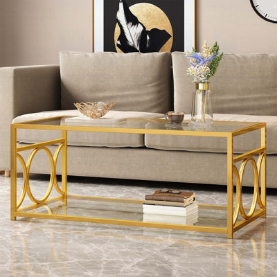 Modern Luxury Glass Coffee Table with Gold Metal Frame, Rectangular Cocktail Table with Lower Storage Shelf, Art Deco Center Table for Living Room