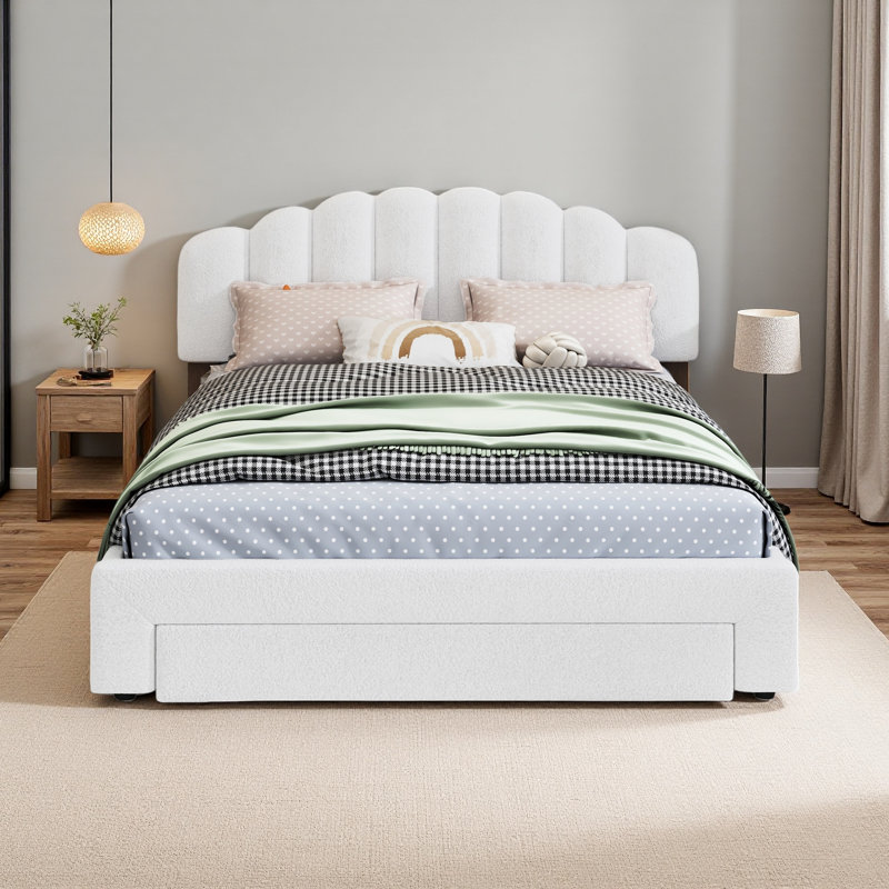 Grand lit plateforme tapissier Teddy, Blanc