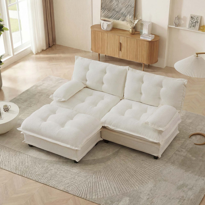 Canapé modulaire en L de 77 po avec repose-pieds, assise profonde en chenille et coussins en treillis confortables pour des espaces de vie polyvalents