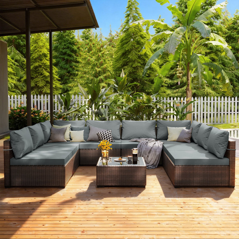 9-piece wicker patio conversation sets with cushions, Dark Gray