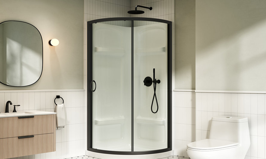 Modern bathroom featuring a corner shower enclosure with a sleek black frame, white acrylic walls, and matching black fixtures installed in a room with white tiled walls and a neutral vanity.