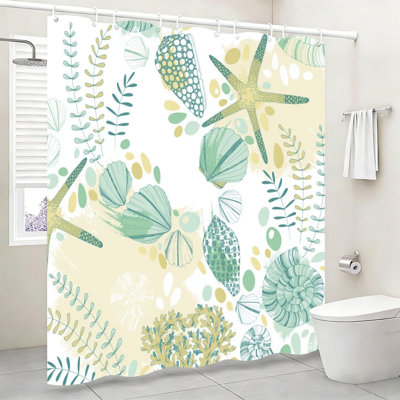 Ocean Shell Bath Curtain 180x180 cm (72x72 Inch), with Hooks, Light Green