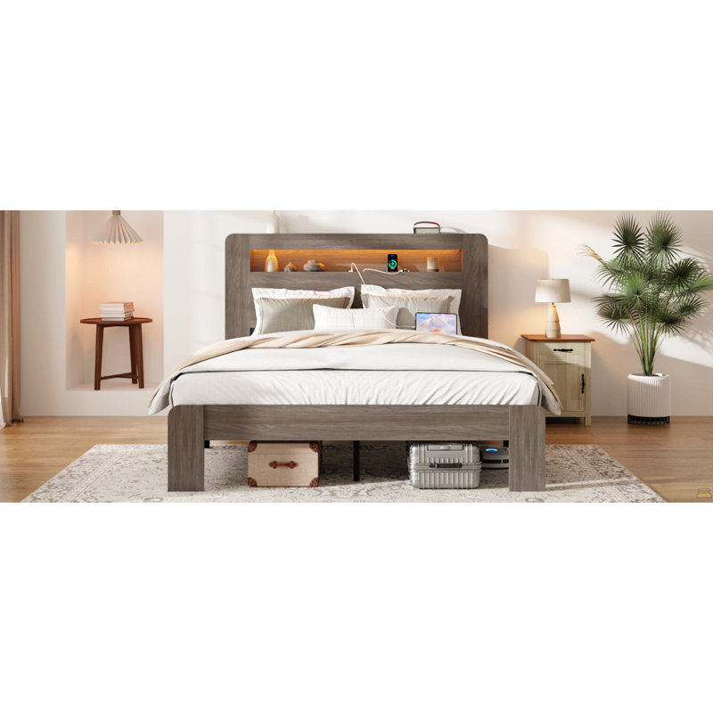 Structure de lit double, structure de lit plateforme en bois avec tête de lit à DEL avec rangement et 2 ports USB, silencieux, aucun sommier nécessaire et outil d'assemblage facile
