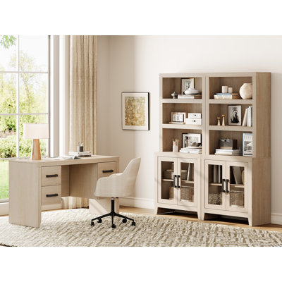 Ensemble de bureau de ferme 2 pièces avec bureau de direction de 54 po et bibliothèques à portes en verre, ensemble de mobilier de bureau personnel avec prise de courant et tablettes réglables pour salle d'étude