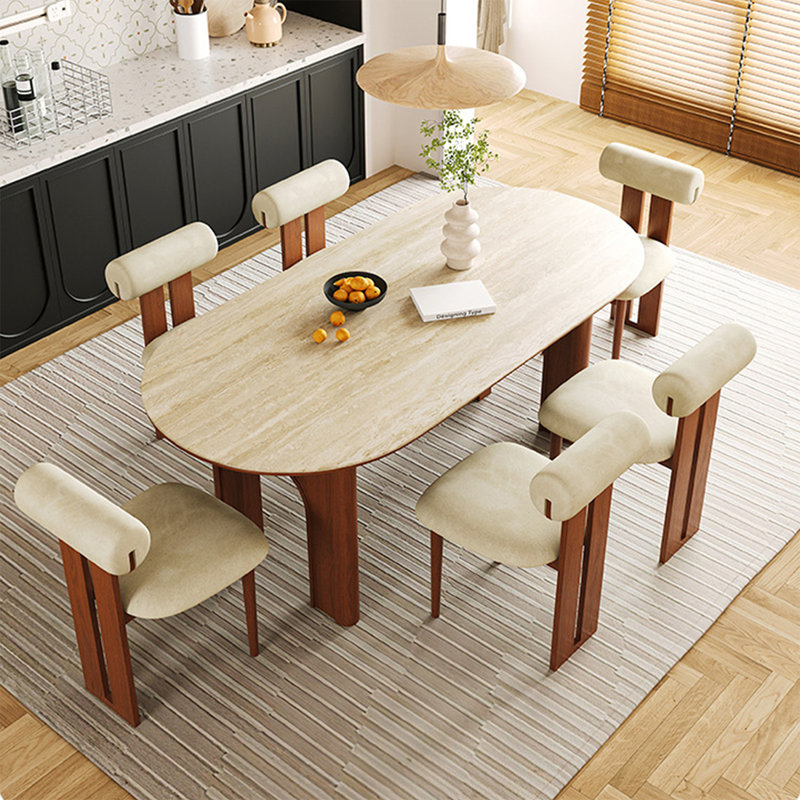 Table de salle à manger beige / brun en pierre frittée ovale + bois massif, H 29,53 po x L 62,99 po x l 31,5 po