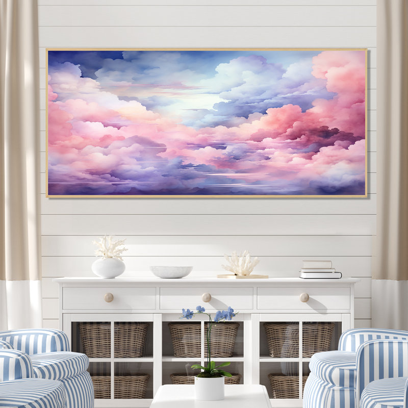 Rose et bleu pastel coloré ciel I - art mural ciel, H 16 po x l 32 po x P 1 po, Cadre flottant noir
