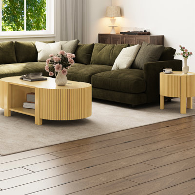 Table basse ovale en bois d'hévéa naturel 47 po avec 1 tablette et 2 portes de rangement ouvertes pour le salon, style contemporain