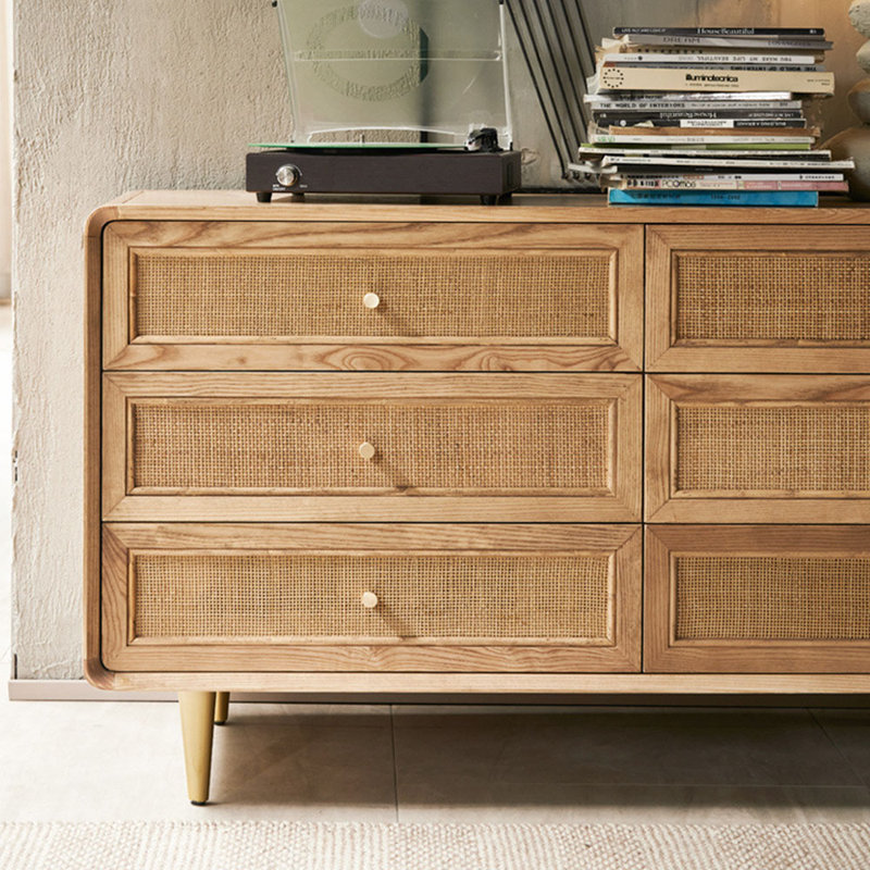 Solid Wood Rattan Storage Chest Of Drawers 53.54'' W 6 - Drawer Dresser