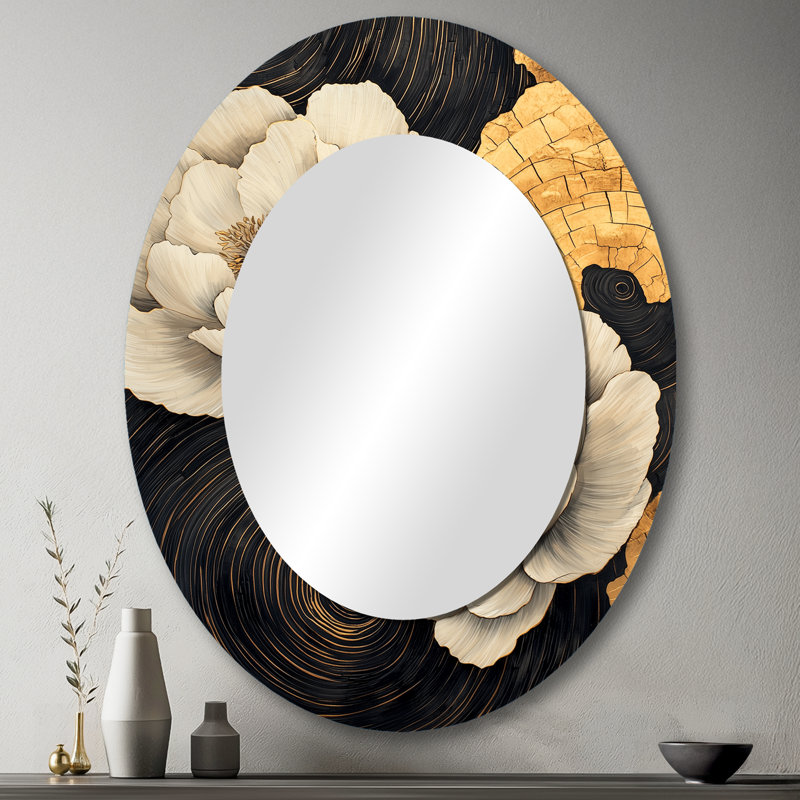 Abstrait pivoines dorées abstraites sur glissade en bois foncé VI - miroir mural ovale traditionnel blanc, 43 po x 33 po