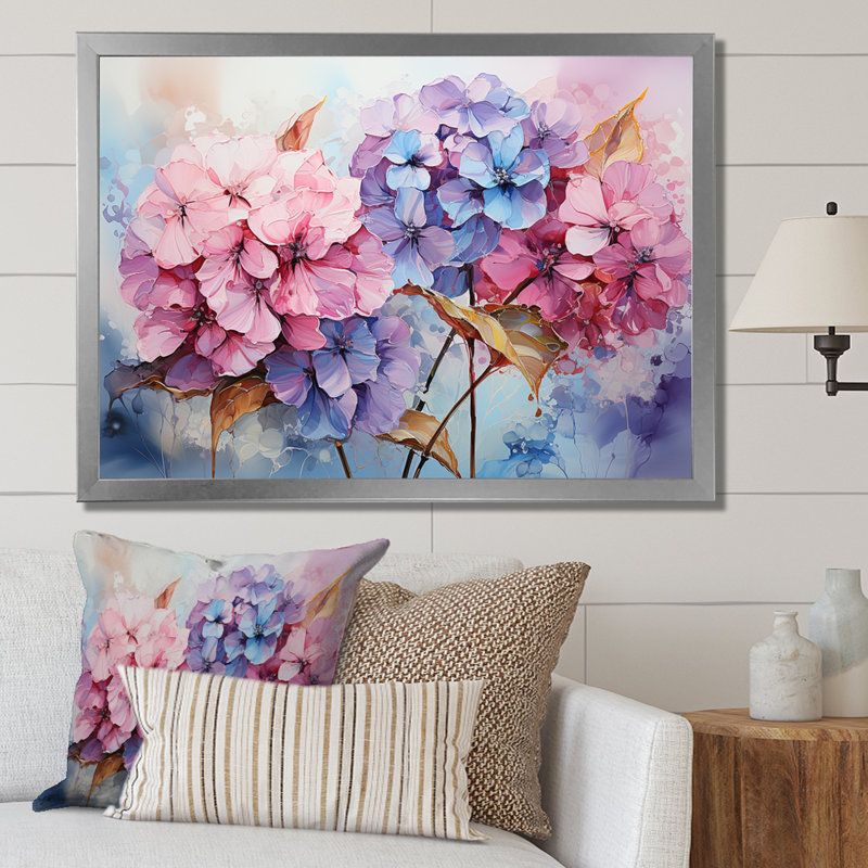 Collage moderne d'hortensias roses et mauves, White Picture Framed, 34" H x 44" W